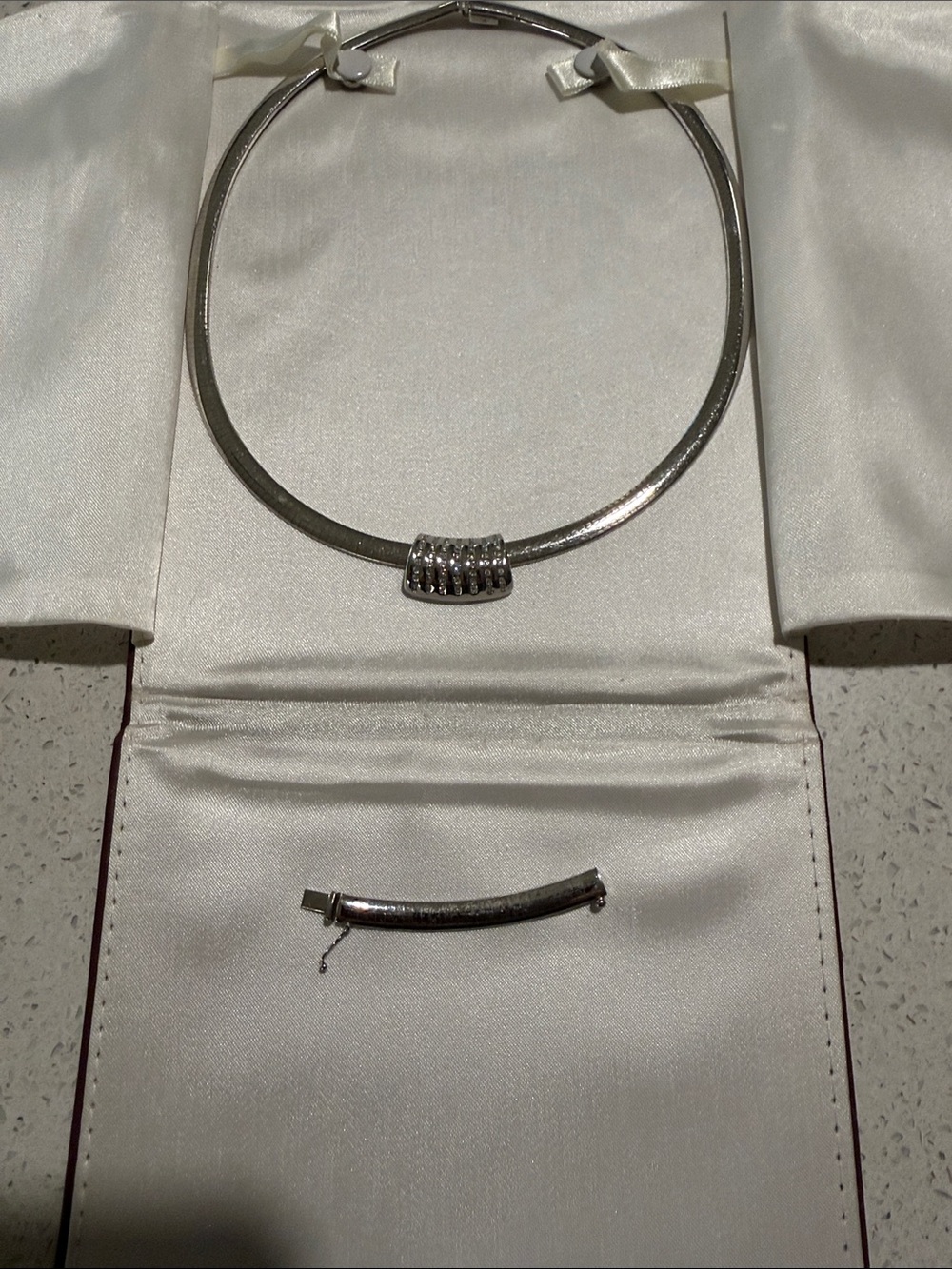 Silver Herringbone Collar Necklace with Ribbed Slide Accent - Picture 2 of 6